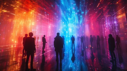A holographic concert, with virtual artists performing amidst the crowd in 360 degrees.  - obrazy, fototapety, plakaty