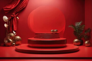 Red backdrop podium, studio, product stage, abstract stand, trophy, and three-dimensional light show
