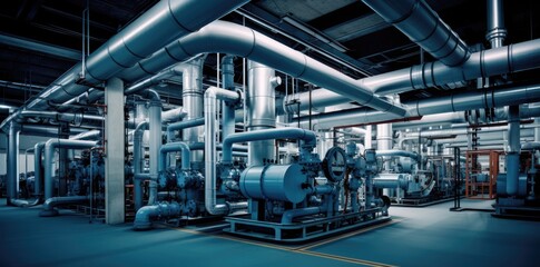 Fototapeta premium Interior of hydrogen production and processing plant, large storage tanks with pipes near. H2 manufacturing