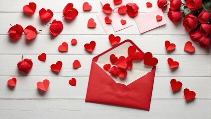 Saint Valentine day holiday background with envelope, paper card and various red hearts for empty love romantic message, Flat lay composition