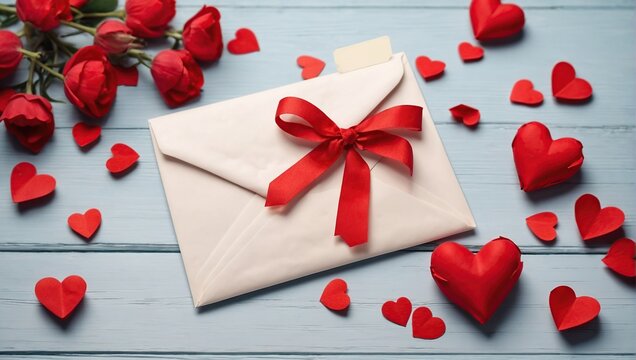 Saint Valentine day holiday background with envelope, paper card and various red hearts for empty love romantic message, Flat lay composition