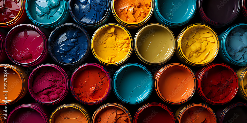 Poster array of open paint cans with bright colors top view of multiple open paint cans with a spectrum of 