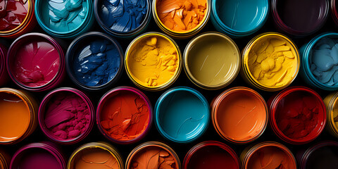 Array of Open Paint Cans with Bright Colors

Top view of multiple open paint cans with a spectrum of bright colors, perfect for projects related to art, interior design, and creative DIY endeavors.