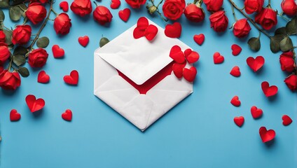 This flat lay Valentine's Day greeting design features an envelope with red hearts on a blue backdrop.