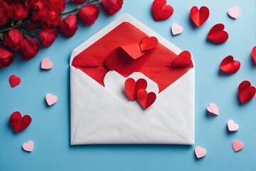 Red hearts and an envelope on a blue background make up this flat lay Valentine's Day greeting idea.