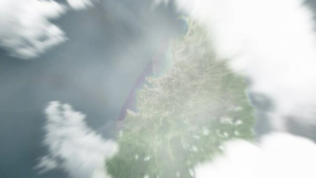 Earth zoom in from space to Castries, Saint Lucia. Followed by zoom out through clouds and atmosphere into space. Satellite view. Travel intro. Images from NASA