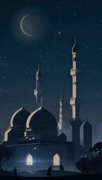 Siluet mosque in ramadhan night for social media and story. 4k seamless looping time-lapse virtual video animation background