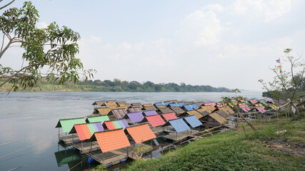 Fototapeta na wymiar rafts on the Mekong River, Kaeng Khan Sung, Amnat Charoen, Thailand