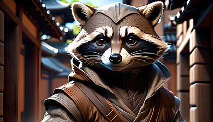 Elegant Shadows Unveiled: Assassin Raccoon Ninja's Diverse Attire and Lethal Arsenal.(Generative AI)
