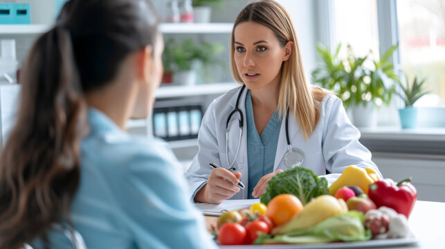 focused female doctor discussing nutrition with a patient, with fresh fruits and vegetables on the table