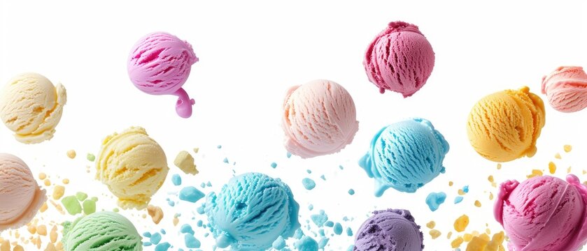 Assorted colorful Scoops of ice cream in various flavors levitating mid-air with vibrant sprinkles and playful color bursts against a white background
