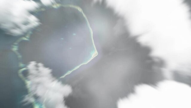 Earth zoom in from space to Funafuti, Tuvalu. Followed by zoom out through clouds and atmosphere into space. Satellite view. Travel intro. Images from NASA