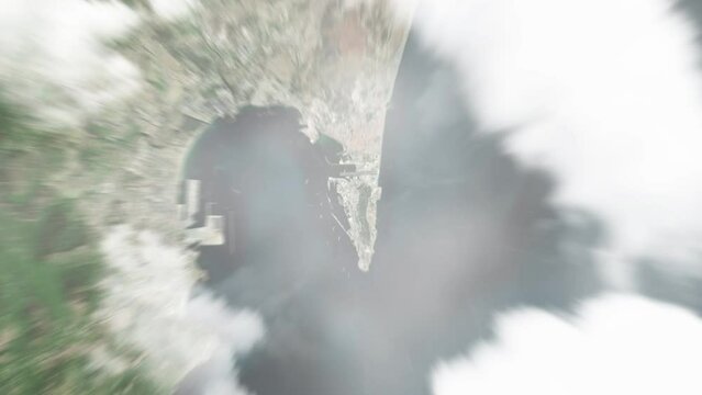 Earth zoom in from space to Gibraltar, Gibraltar. Followed by zoom out through clouds and atmosphere into space. Satellite view. Travel intro. Images from NASA