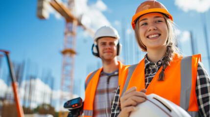 two young construction workers are smiling at the camera
