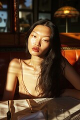 Portrait of a beautiful young asian woman in a cafe.