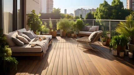 Beautiful of modern terrace with wood deck flooring, green potted flowers plants and outdoors furniture. Cozy relaxing area at home back yard. Sunny stylish balcony terrace in the city  - obrazy, fototapety, plakaty