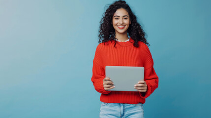 Obraz premium woman with curly hair is smiling and holding a laptop, wearing a red sweater, against a teal blue background