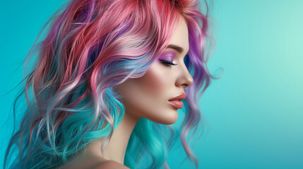 Naklejka premium Vibrant Multicolored Makeup and Hairstyle on Young Woman 