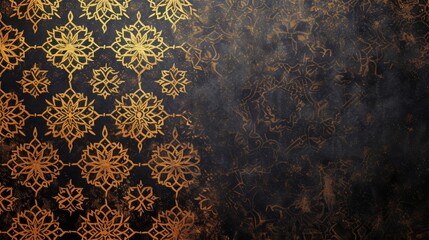 Exquisite gold Islamic patterns adorn a dark textured backdrop, exuding elegance. Islamic Arabic Arabesque Ornament Border Luxury Abstract black Background with Copy Space - obrazy, fototapety, plakaty