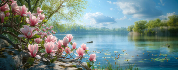A beautiful blooming magnolia tree with pink flowers against the backdrop of a wonderful blue lake. beautiful spring landscape, banner with place for text - obrazy, fototapety, plakaty