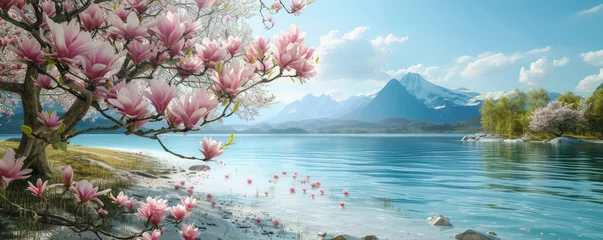 Foto op Plexiglas A beautiful blooming magnolia tree with pink flowers against the backdrop of a wonderful blue lake. beautiful spring landscape, banner with place for text © MK studio