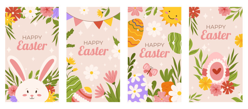 Easter collection of vertical social media template. Design for celebration spring holiday with flowers, bunny, butterfly, sun and painted eggs.