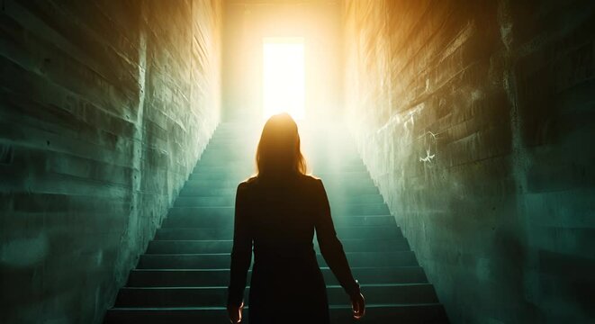 Woman ascending stairs towards light. The concept of hope and the future.