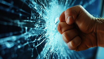 Fist Punching Through Glass in a Dramatic Expression of Power and Breakthrough