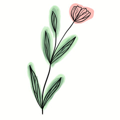 Fototapeta na wymiar Flower and line art twig leaves with green and pink color patches on a white background