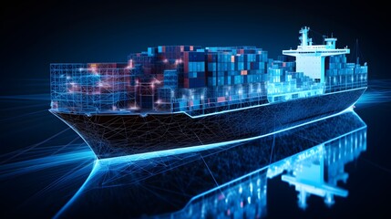 Container ship and the hologram of world map of international supply chains.