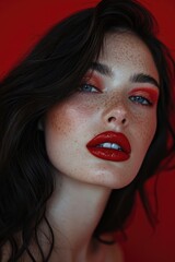 Fierce Portrait of Woman Against Striking Red Background