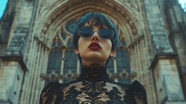 Stylish Woman with Blue Hair Against Gothic Church Backdrop