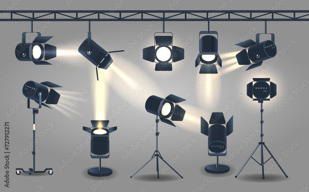 Poster spotlights realistic 3d vector set. powerful lighting fixtures used to illuminate specific areas or 