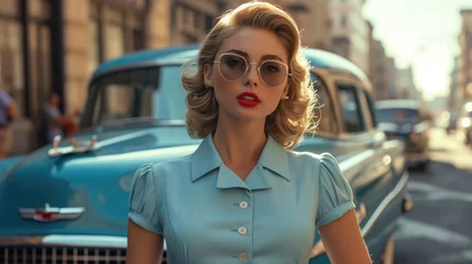 Fototapeten Classic '50s Charm: Woman in Pastel Blue Dress with Vintage Car © Ivy