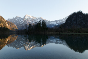 Lake Almsee and Snowy Mountains in Austria Europe in March