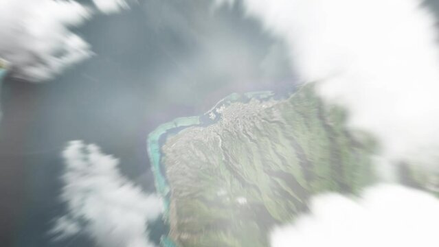 Earth zoom in from space to Papeete, French Polynesia. Followed by zoom out through clouds and atmosphere into space. Satellite view. Travel intro. Images from NASA