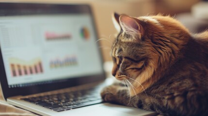 A focused feline companion scrutinizes spreadsheets and graphs on a laptop, representing the meticulous attention to detail necessary for effective financial planning - obrazy, fototapety, plakaty