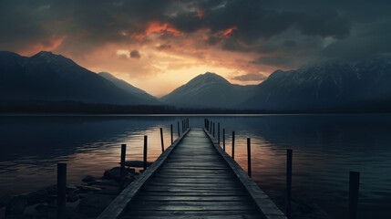  Empty wooden bridge or jetty with mountain on lake