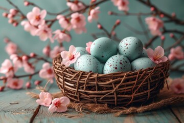 Fototapeta na wymiar Amidst the vibrant blooms of spring, a delicate nest holds precious blue speckled eggs, a symbol of new life and the promise of easter