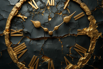 Symbolic and striking, a shattered gold-painted clock represents 'Time is Money' on a sleek black background.