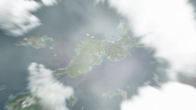 Earth zoom in from space to Road Town, British Virgin Islands. Followed by zoom out through clouds and atmosphere into space. Satellite view. Travel intro. Images from NASA