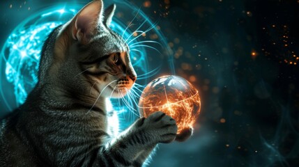 With a paw on a glowing globe and financial reports in the background, a visionary cat contemplates global economic forecasts and fiscal policies