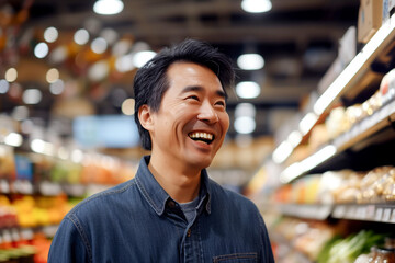Naklejka premium Man shopping at the supermarket, browsing through goods, retail store interior