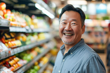 Naklejka premium Grocery shopping, Asian man in the supermarket, exploring the aisles, big store
