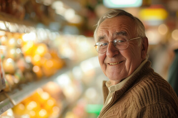 Supermarket customer, elderly man shopping, senior citizen, grocery aisle