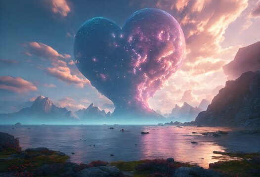 two seraphim light in love cloud, being reincarnated into a ocean world, sky nebula, artstation scifi 3D scene of a showing mountains, maximalism, ambient occlusion, atmospheric haze, unreal engine, h