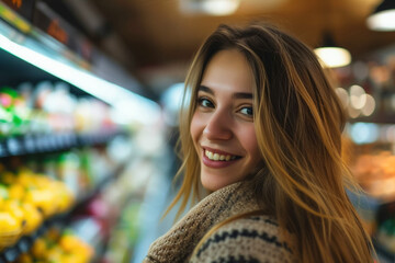 Woman in a supermarket, browsing grocery aisles, selecting products for purchase