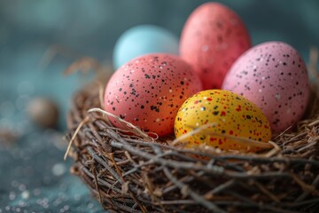 Naklejka na ściany i meble A vibrant easter surprise awaits in the cozy nest, adorned with a colorful array of hand-decorated eggs, a symbol of new beginnings and the nurturing love of a bird's aerie