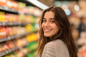 Supermarket scene, a woman shopping for goods in the large hypermarket