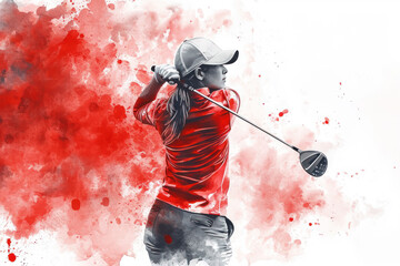 Golf player in action, woman red watercolour with copy space
